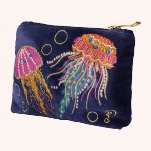 Powder UK Jolly Jellies luxury navy velvet embroidered zip pouch - NWT
